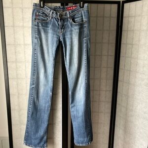 Seven7 Premium Denim Distressed Jeans Gold Pocket Stitch Straight Leg Size 27"